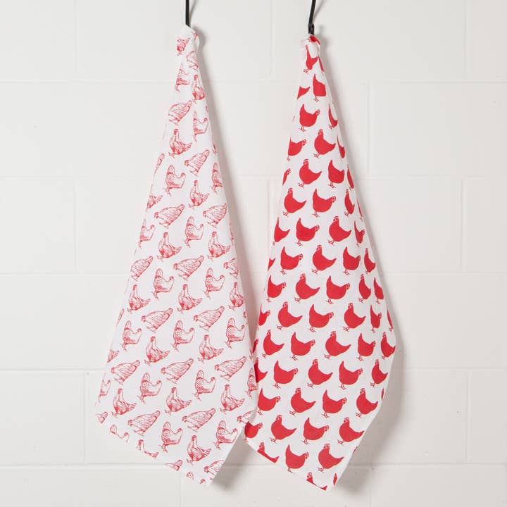 Chickens Print Red Floursack Dishtowels Set of 2 for wholesale by Now Designs by Danica