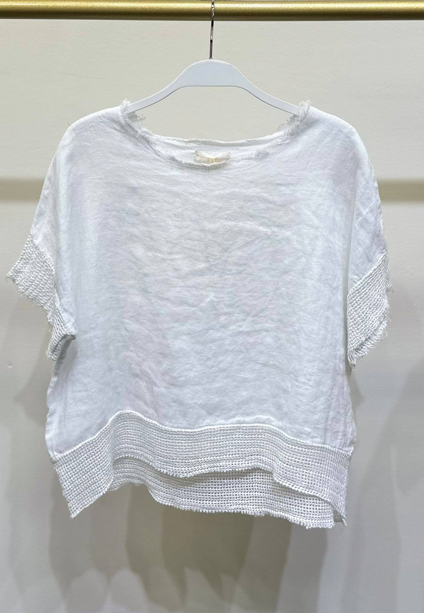 MILIO MILANO - Wholesale Blouse - Women's - MESH SLEEVE/HEM CREW NECK LINEN TOP (13996/155023)13