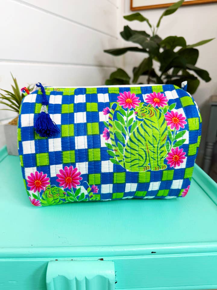 Quilted Makeup Bags | Cosmetics Bag | Blue Checkered Tiger for wholesale by Folklore Couture