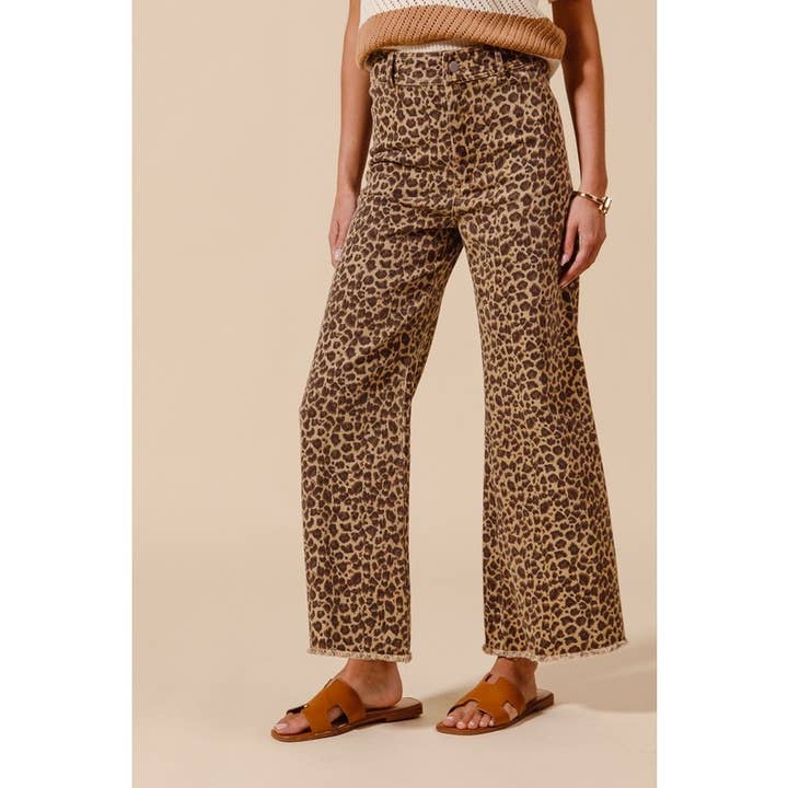 MID RISE LEOPARD DENIM FRAYED HEM WIDE LEG PANT for wholesale on Faire
