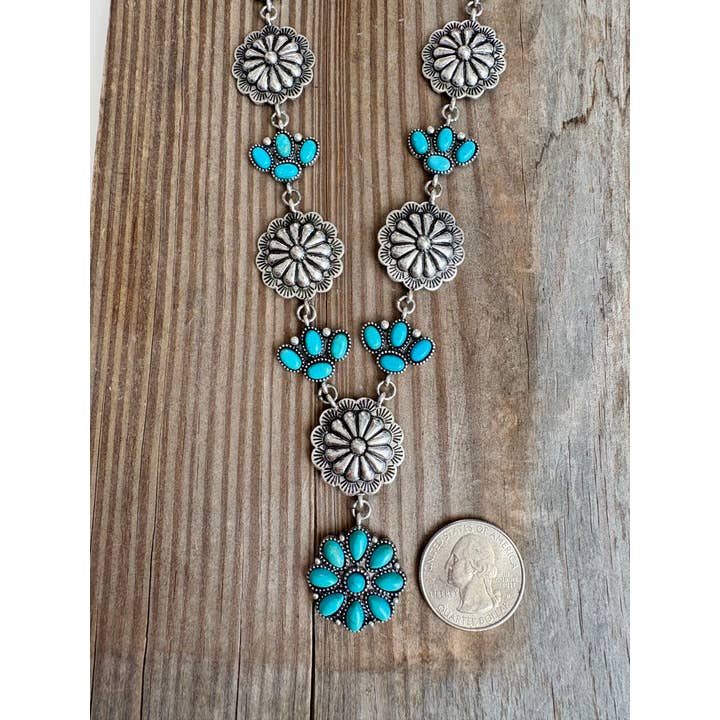 Boho Ranch Shop – Colar de elos e correntes por atacado – Colar com Pingente em Y de Pata com Concho Redondo Ocidental e Pedra Turquesa2