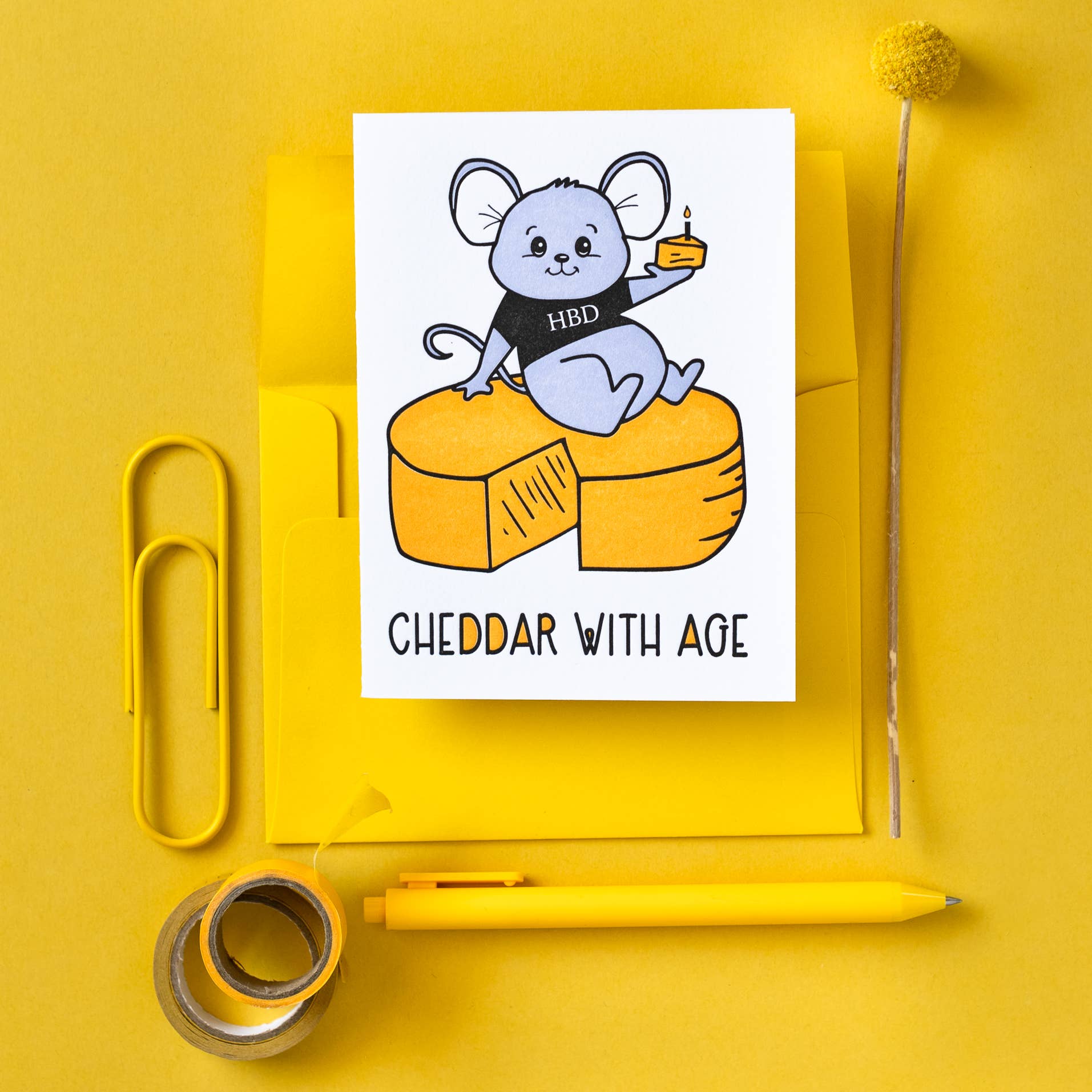 Kiss and Punch - Wholesale Birthday Card - Punny Cheddar with Age Mouse Birthday Letterpress Card2