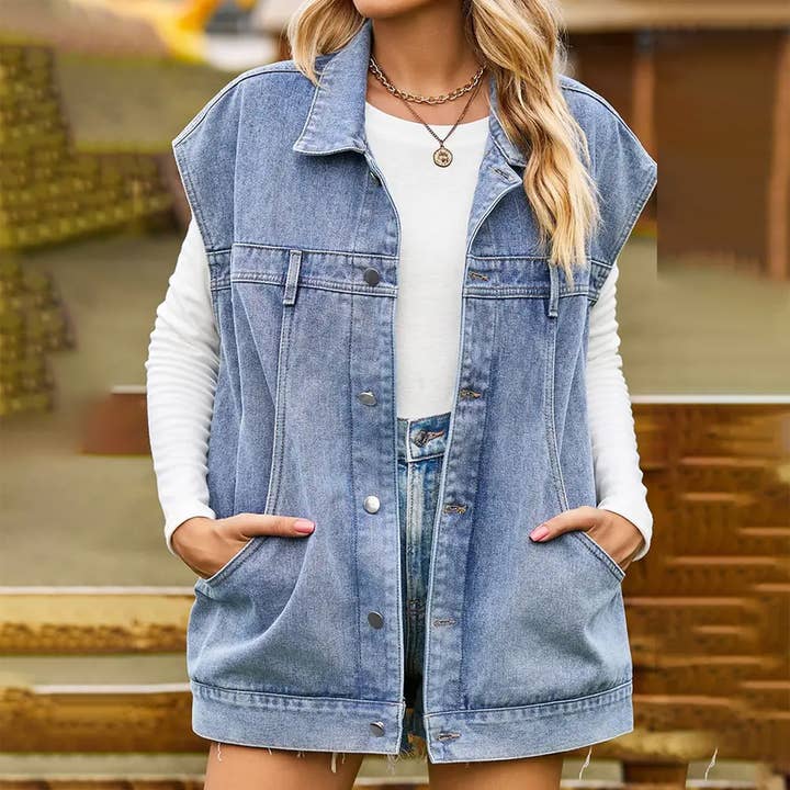 WOMEN WASH DENIM SLEEVELESS JACKET_CWJJ0081 for wholesale by Lily Clothing
