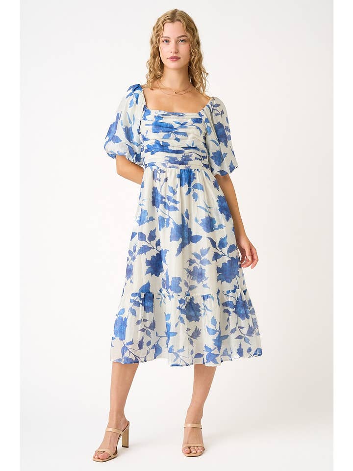 Midikleid mit Blumenmuster, Falten-Detail und Puffärmeln für den Großhandel von mittoshop