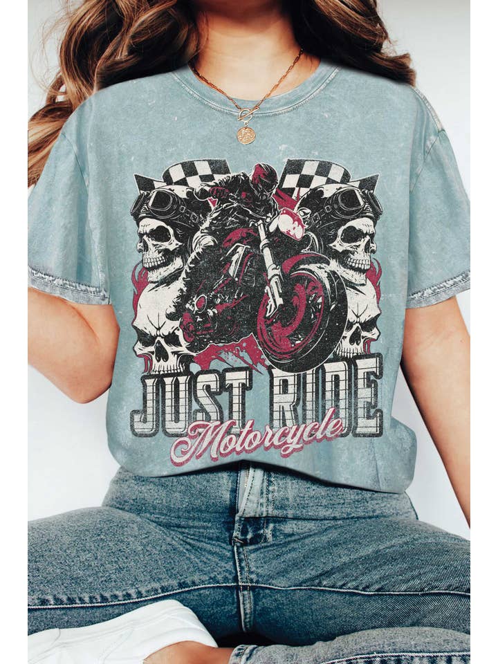 Rustee Clothing - Wholesale Screen Printed T-Shirt - Women's - JUST RIDE SKULL MOTORCYCLE MINERAL GRAPHIC TSHIRTS6