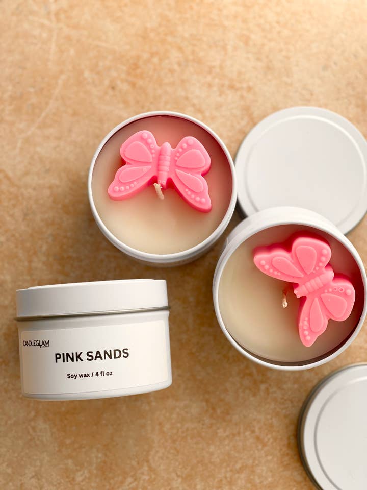 Butterfly Candles | 4oz white tin jar for wholesale by Candleglambyperry