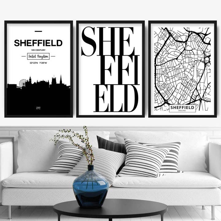 Set of 3 SHEFFIELD Skyline Street map City Prints for wholesale by Artze Wall Art
