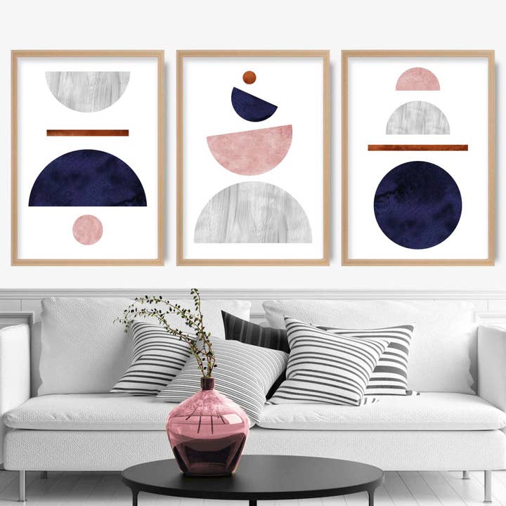 Geometric Abstract Navy Blue, Blush Pink and Copper No 3 for wholesale by Artze Wall Art