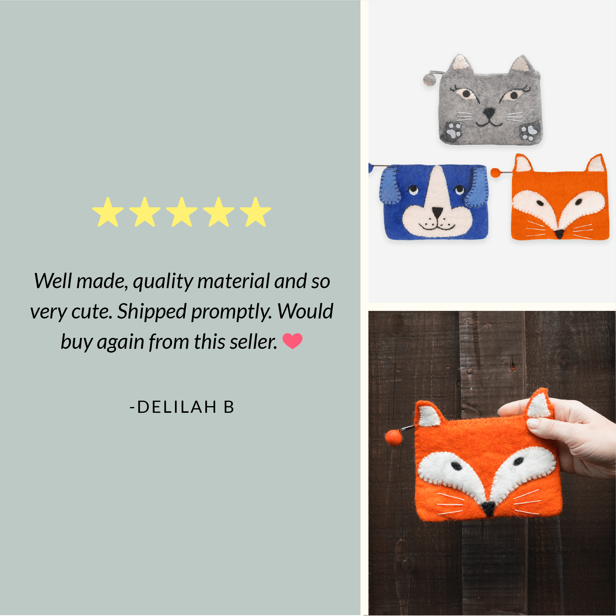 OmaOmaOma! Montessori Educational Wooden Toys for Kids - Wholesale Pencil Case/Pouch - Felt Animal Zipper Pouches - Cat, Dog, Fox Bag Set Ages 3+5