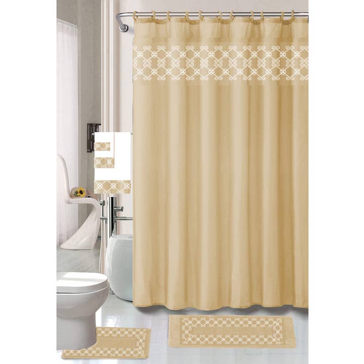 Tristan 18 Piece Shower Curtain with Embroidered Non-Slip Bath Rug and Towel Set for wholesale by ShopBobbys