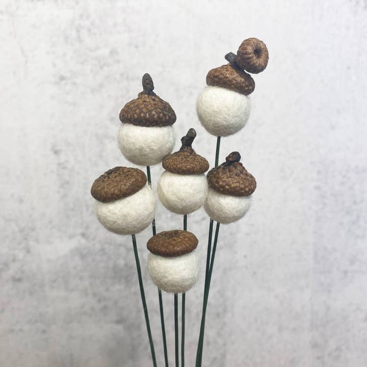 Set di 6 bouquet di ghiande in feltro e lana Fresh Cream per la vendita all'ingrosso da parte di Oakwind Hollow
