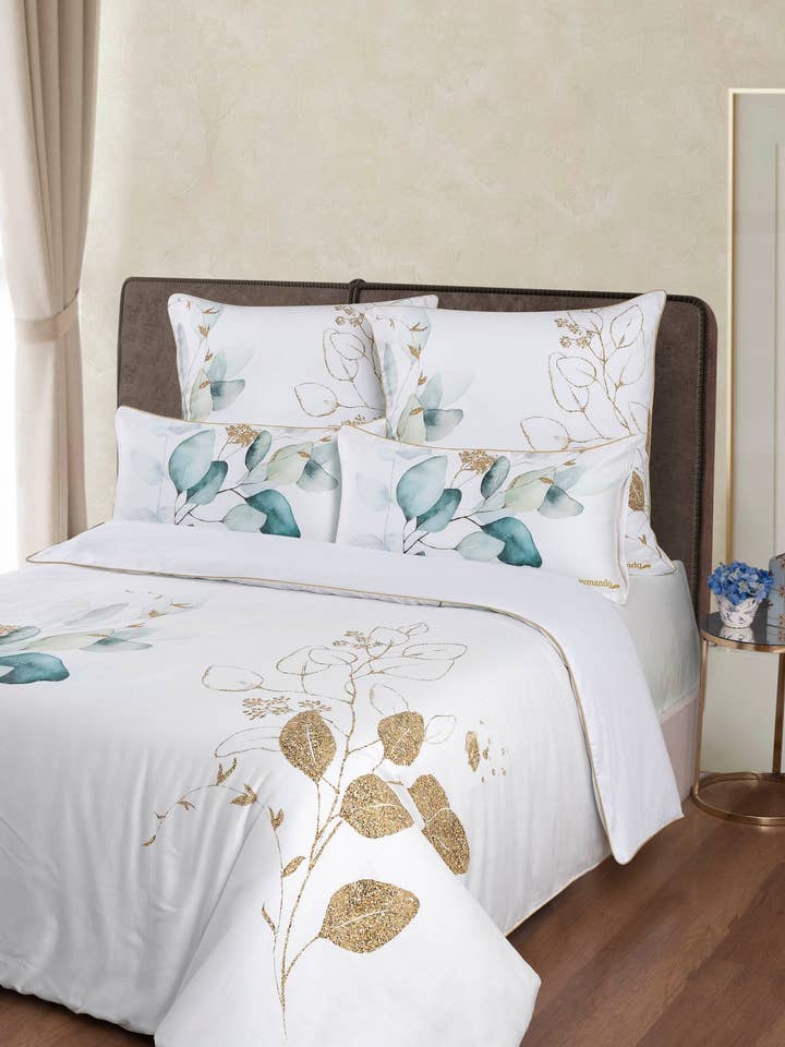 Deluxe bedding set 100% cotton Mako Satin Leaf Green for wholesale by Aymando Home