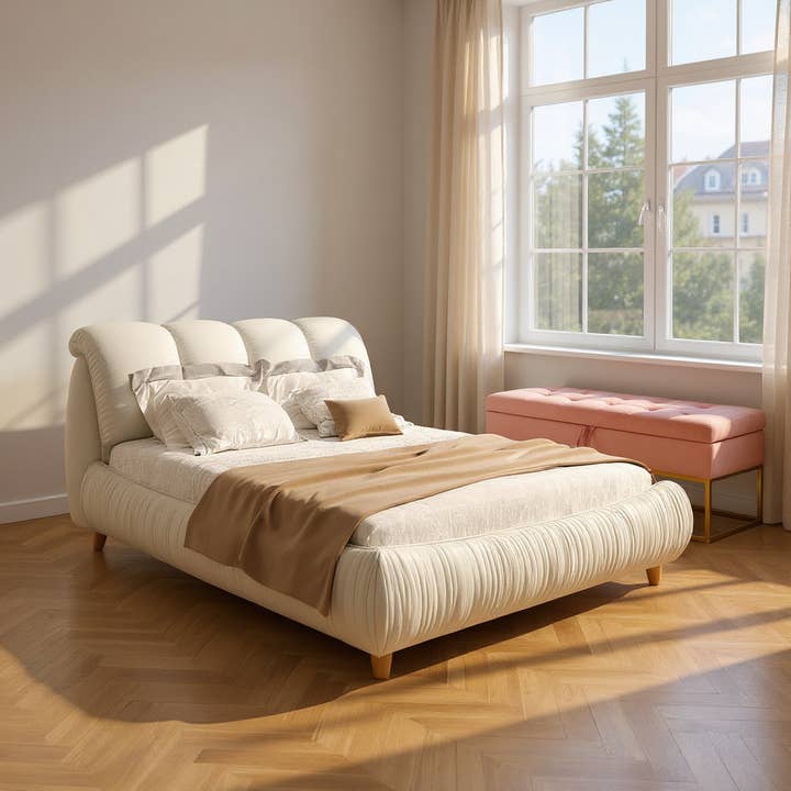 King Platform Bed with Soft Headboard and Pink Storage Bench for wholesale by HOMYCASA DESIGN INC