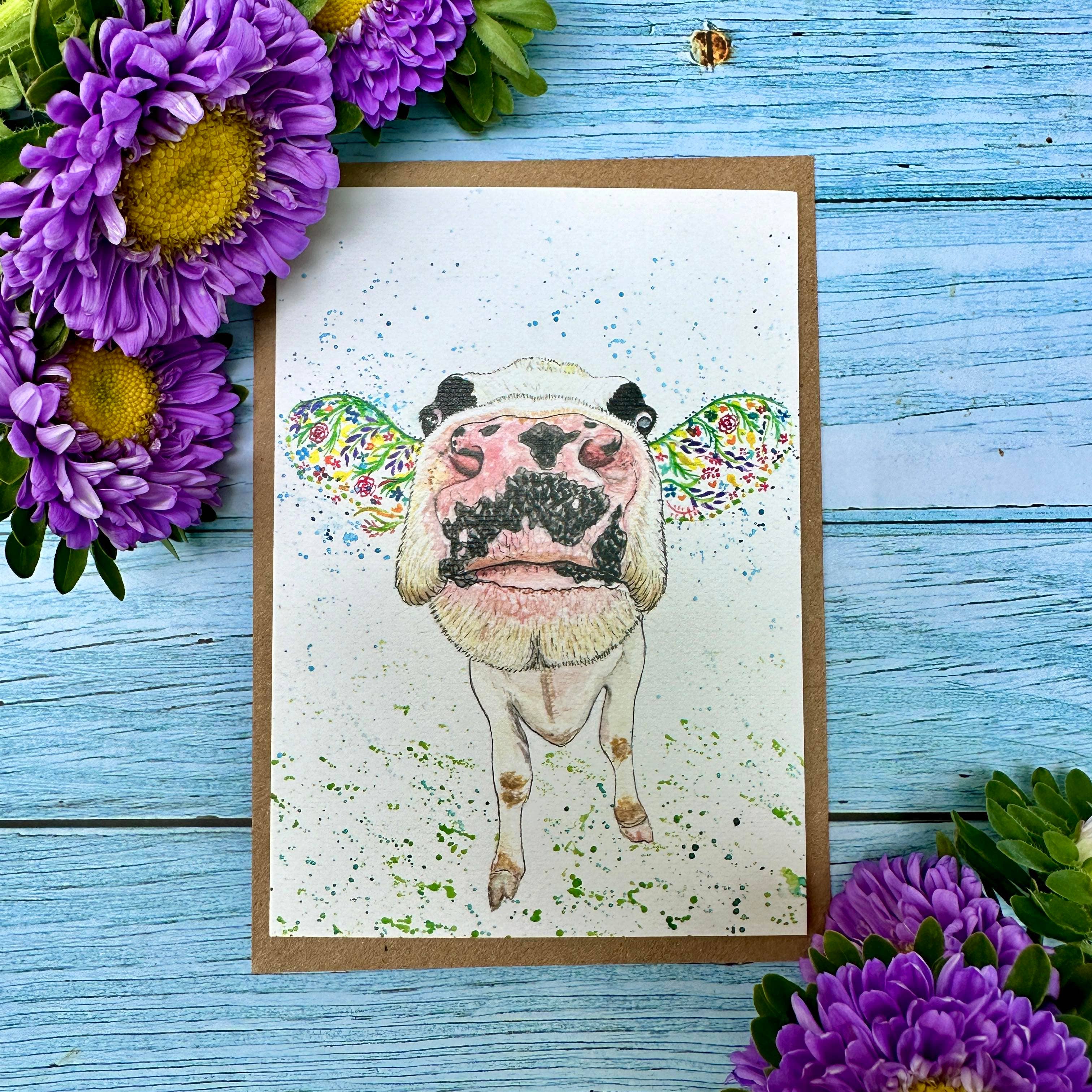 Jen Winnett Eco Artist - Wholesale Everyday Greeting Card - Dairy Cow Eco Friendly Card Colourful Greetings Cute BlankĀ