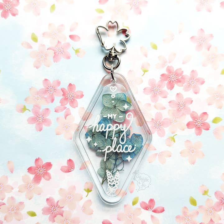 ***RETIRING last chance!*** My Happy Place | Dried Flower Acrylic | Hotel Style Keychain for wholesale by squibblefu
