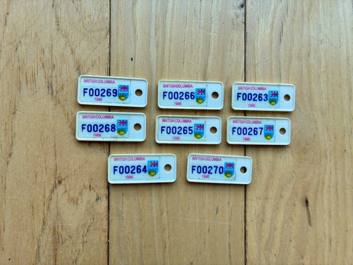 1986 British Columbia Canada License Plate Key Chains - 8 Total for wholesale by RusticPlates