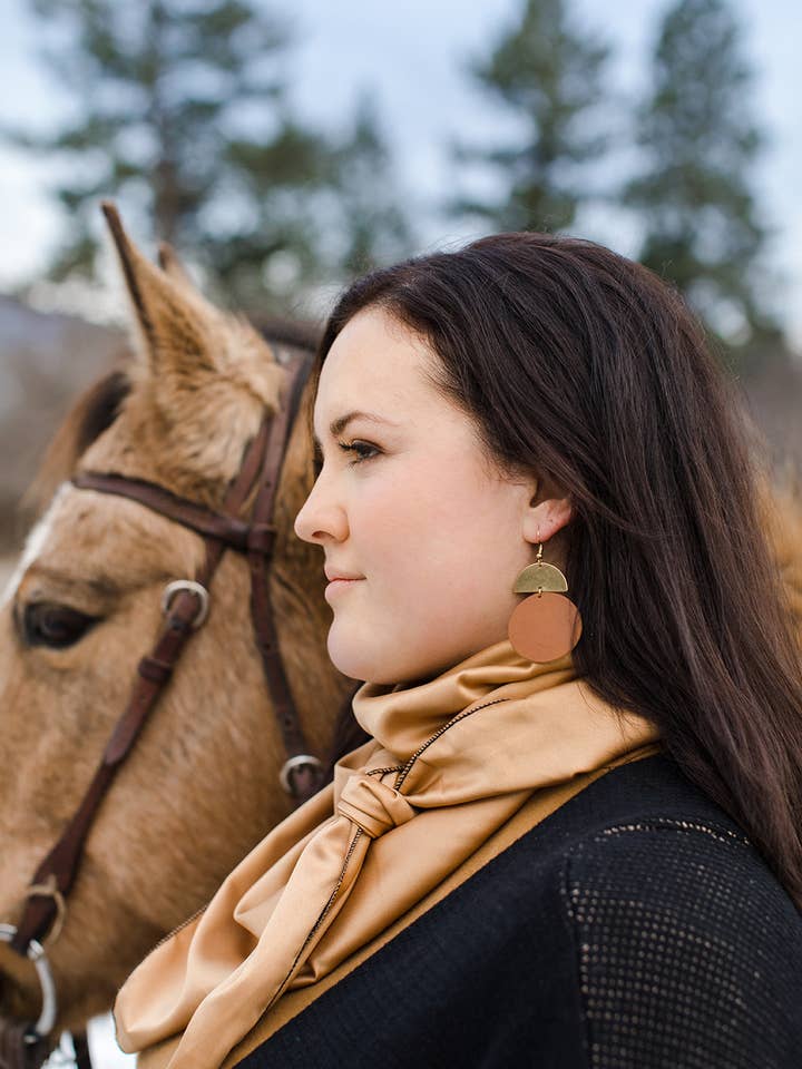 Brown Leather Disc & Brass Half Moon Stacked Dangle Earrings for wholesale by Whitebirch Handmade Goods