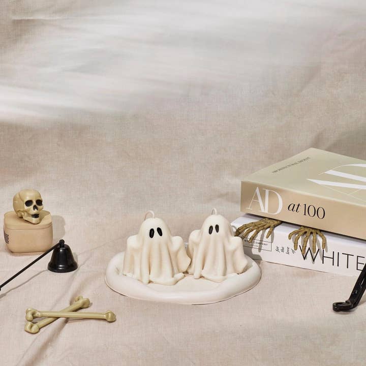 Set of 2 Handmade Ghost Candles: Spooky Halloween Decor for wholesale by Frame and fire studios