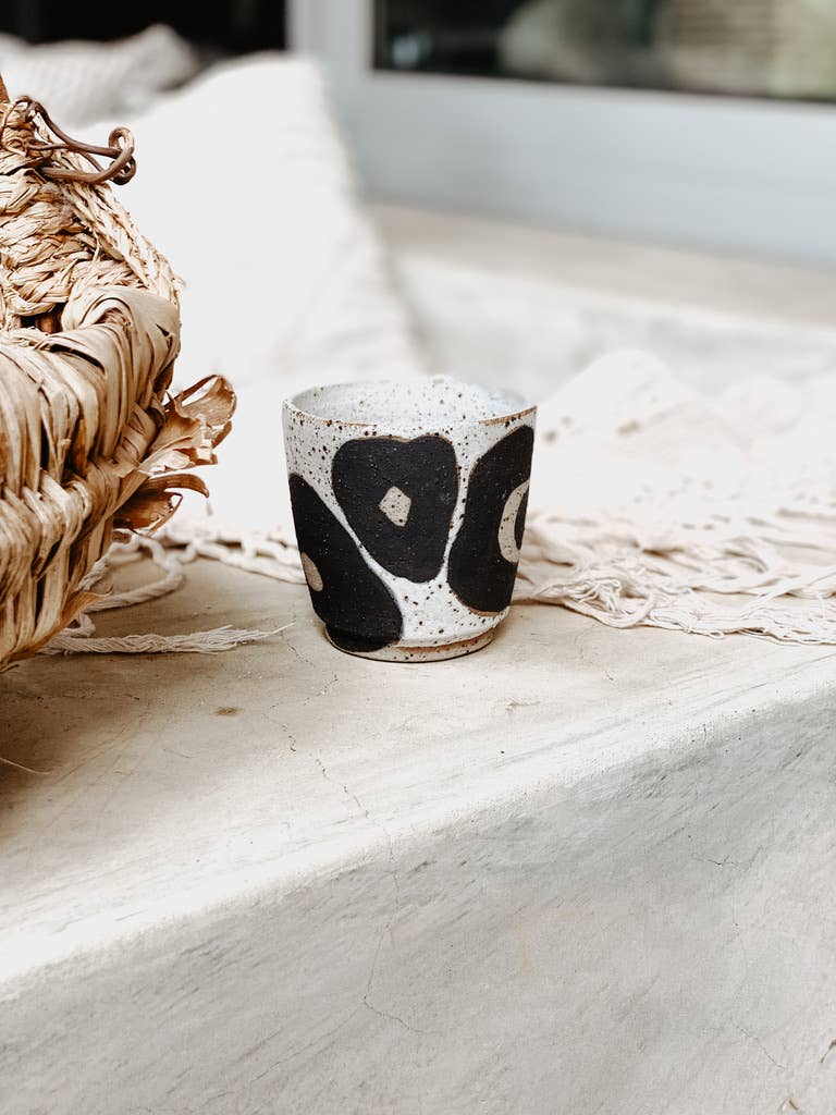 River Ceramics - Wholesale Coffee/tea cup - 'Hana' Cup - Handmade Stackable Cup with Black Flower Motif1