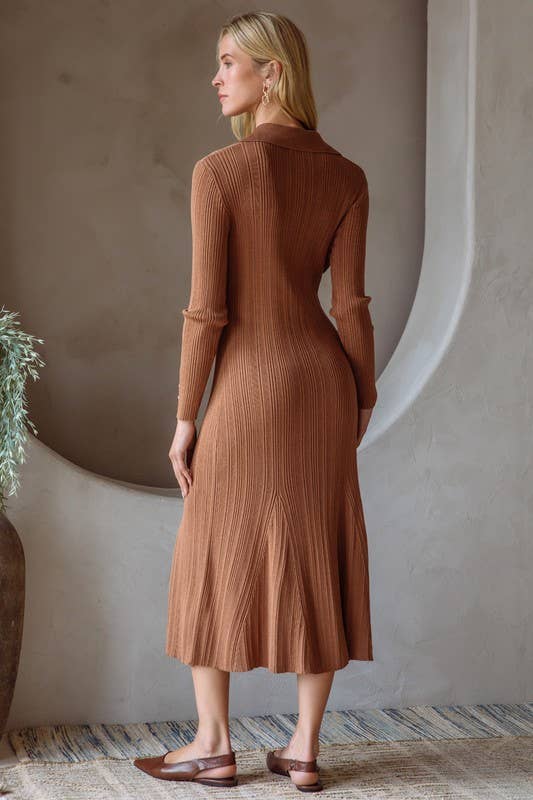 Brown Ribbed Knit Long Sleeve Collared Midi Dress for wholesale on Faire3