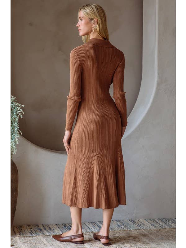 Brown Ribbed Knit Long Sleeve Collared Midi Dress for wholesale on Faire3