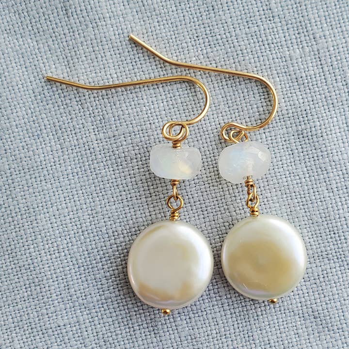 Carrie Whelan Designs - Wholesale Dangle Earrings - Coin Pearl Moonstone Earrings, Wedding Earrings