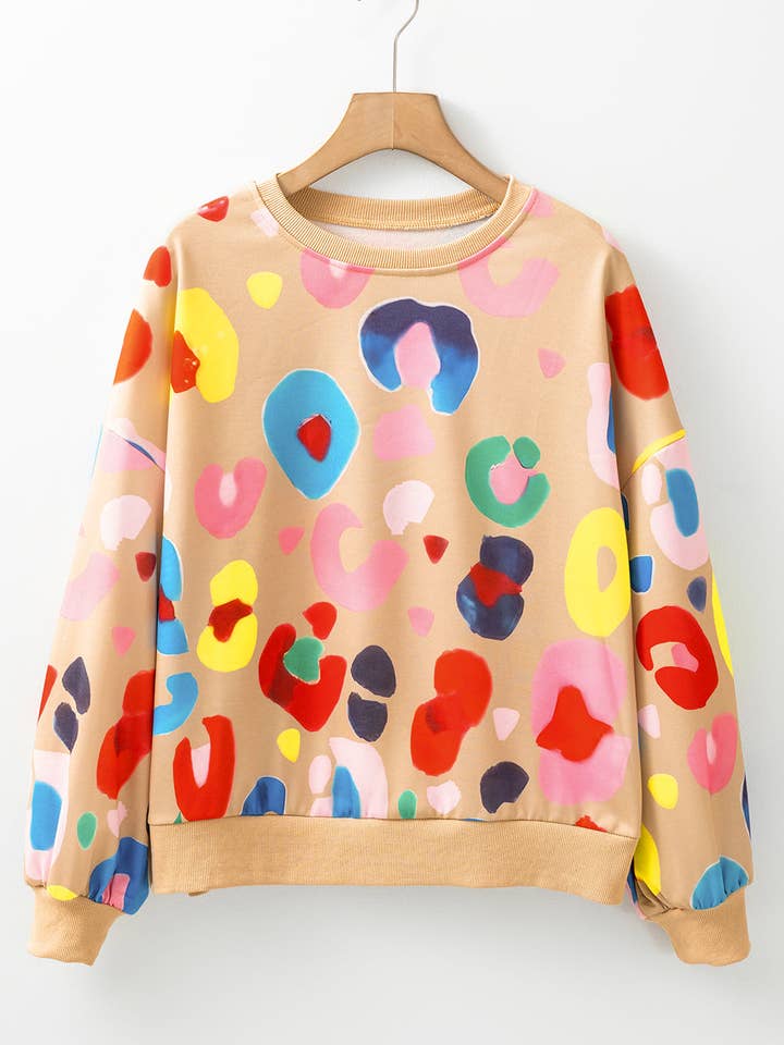 Khaki Multicolor Leopard Printed Drop Shoulder Pullover Sweatshirt for wholesale on Faire