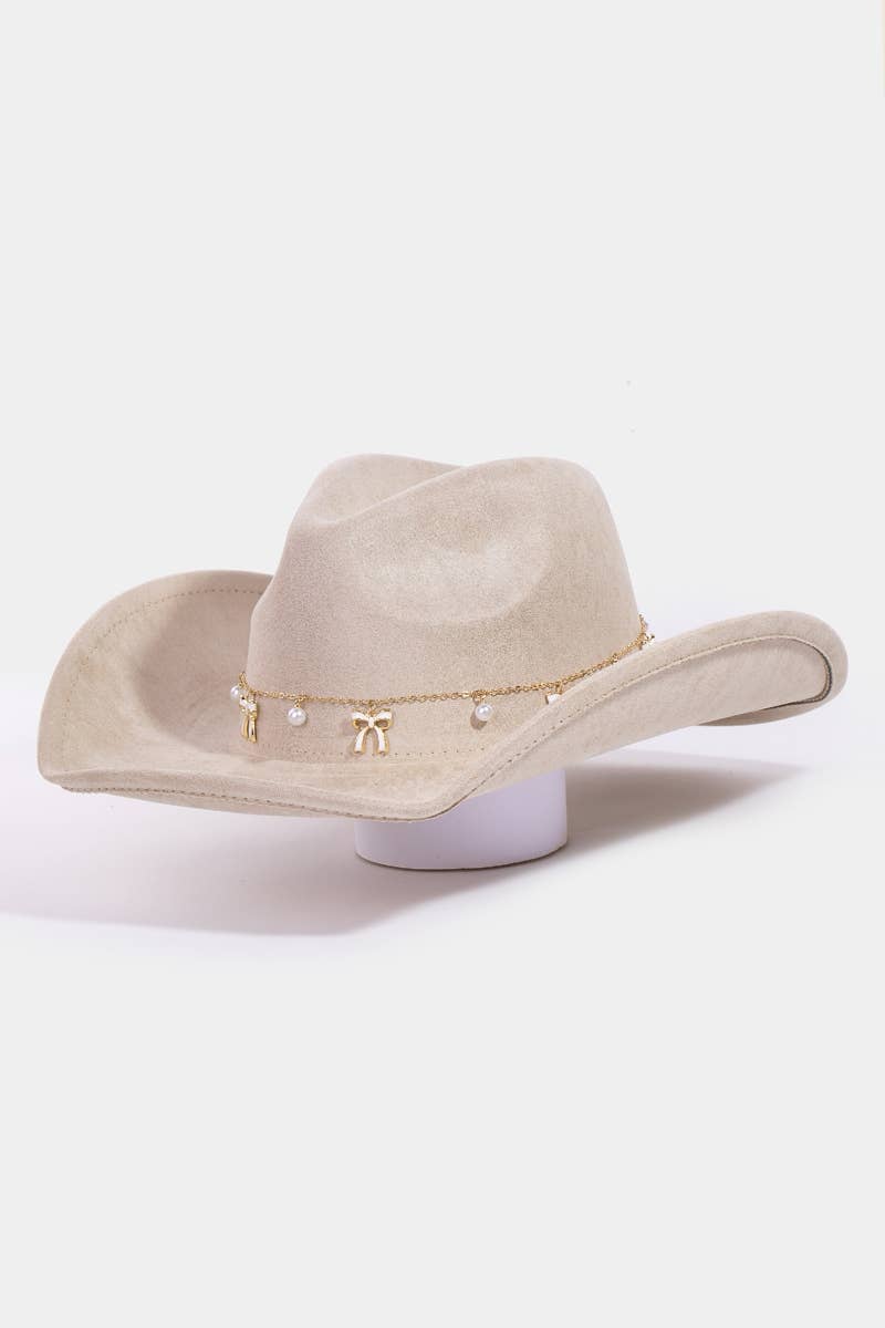 Collections by Fame Accessories - Wholesale Fedora - Women's - Ribbon Bow Pearl Chain Western Cowboy Hat10