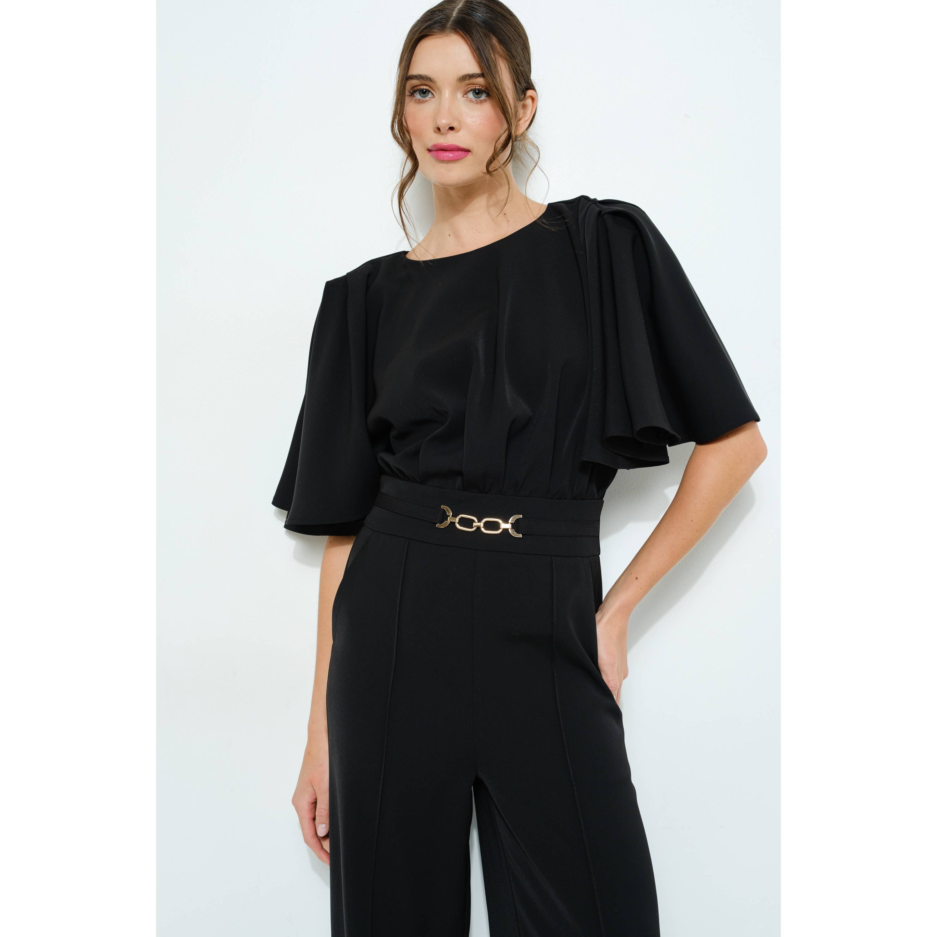 INA - Wholesale Romper - Women's - Flutter Kimino Sleeve Buckle Detail Wide Jumpsuit7
