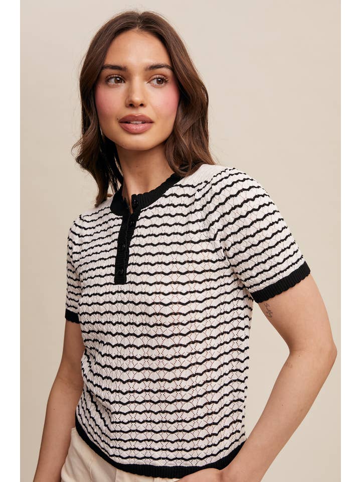 Listicle - Wholesale Knit Sweater - Women's - Striped Lace Light Weight Knit Sweater Top