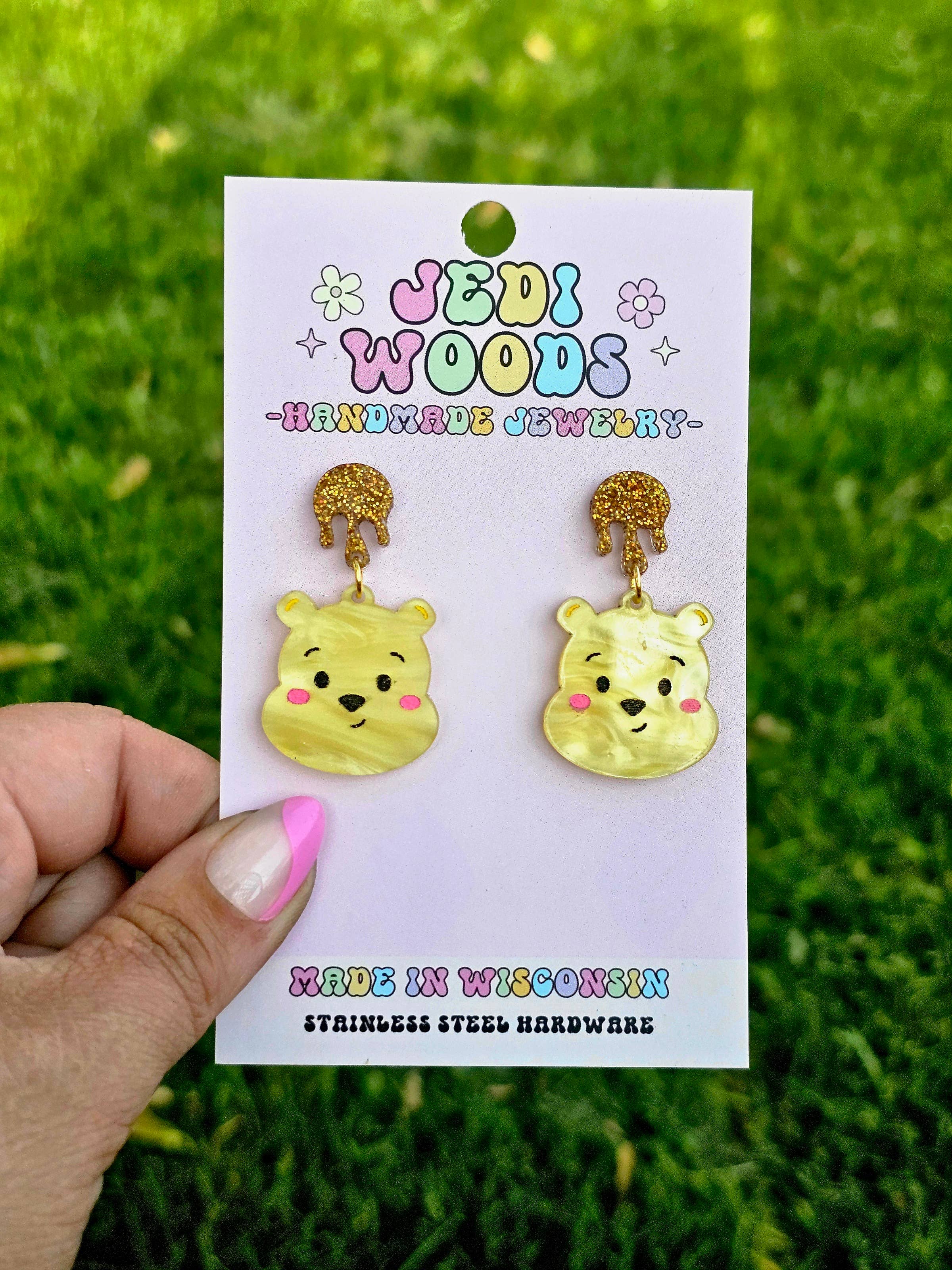 Jedi Woods LLC - Wholesale Dangle Earrings - Pooh Bear Earrings with Golden Hunny Topper2