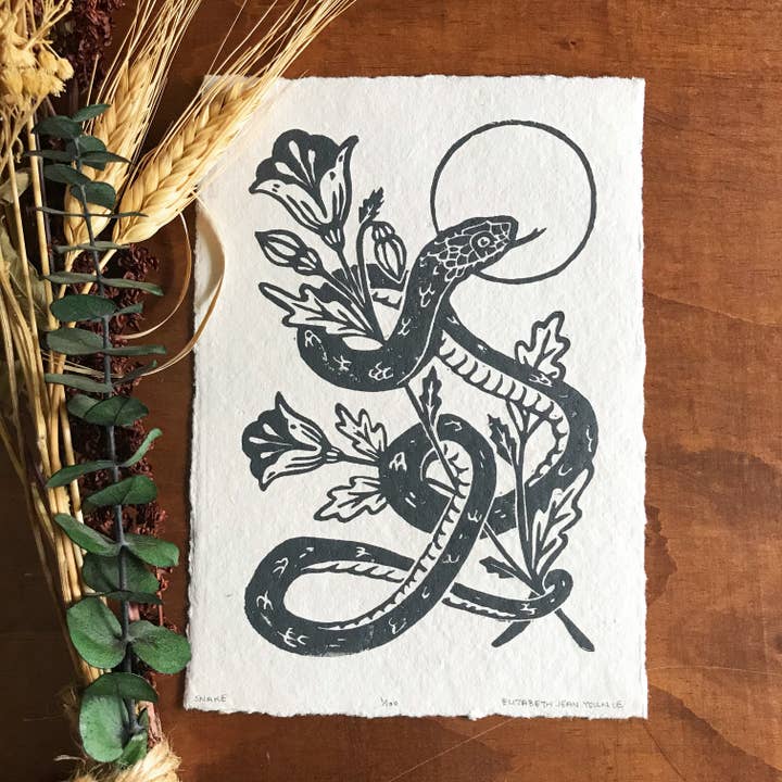 Mustard Beetle - Wholesale Art Print - Snake & Poppies Handprinted Linocut on Handmade Paper 5x7"