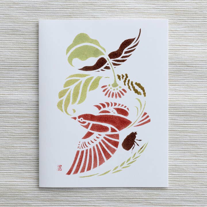 A2 Card Warbler and Beetle, Non-native plant pigments series for wholesale by Mayuko Fujino Bird & Nature Art