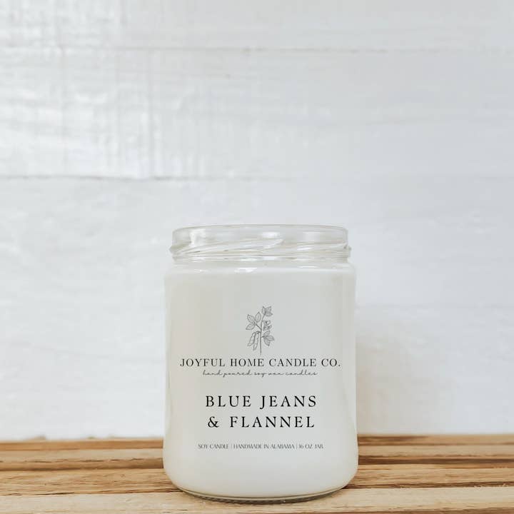 Blue Jeans & Flannel Soy Candle | 16 oz glass jar for wholesale by Joyful Home Candle Co.