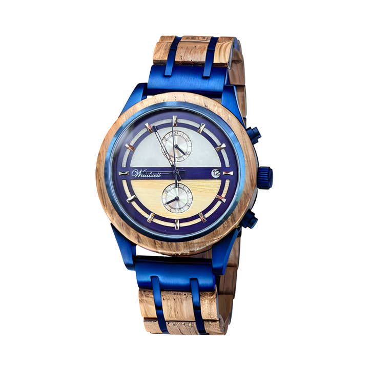 Montre pour homme avec bracelet en bois bleu pour la vente par Waidzeit