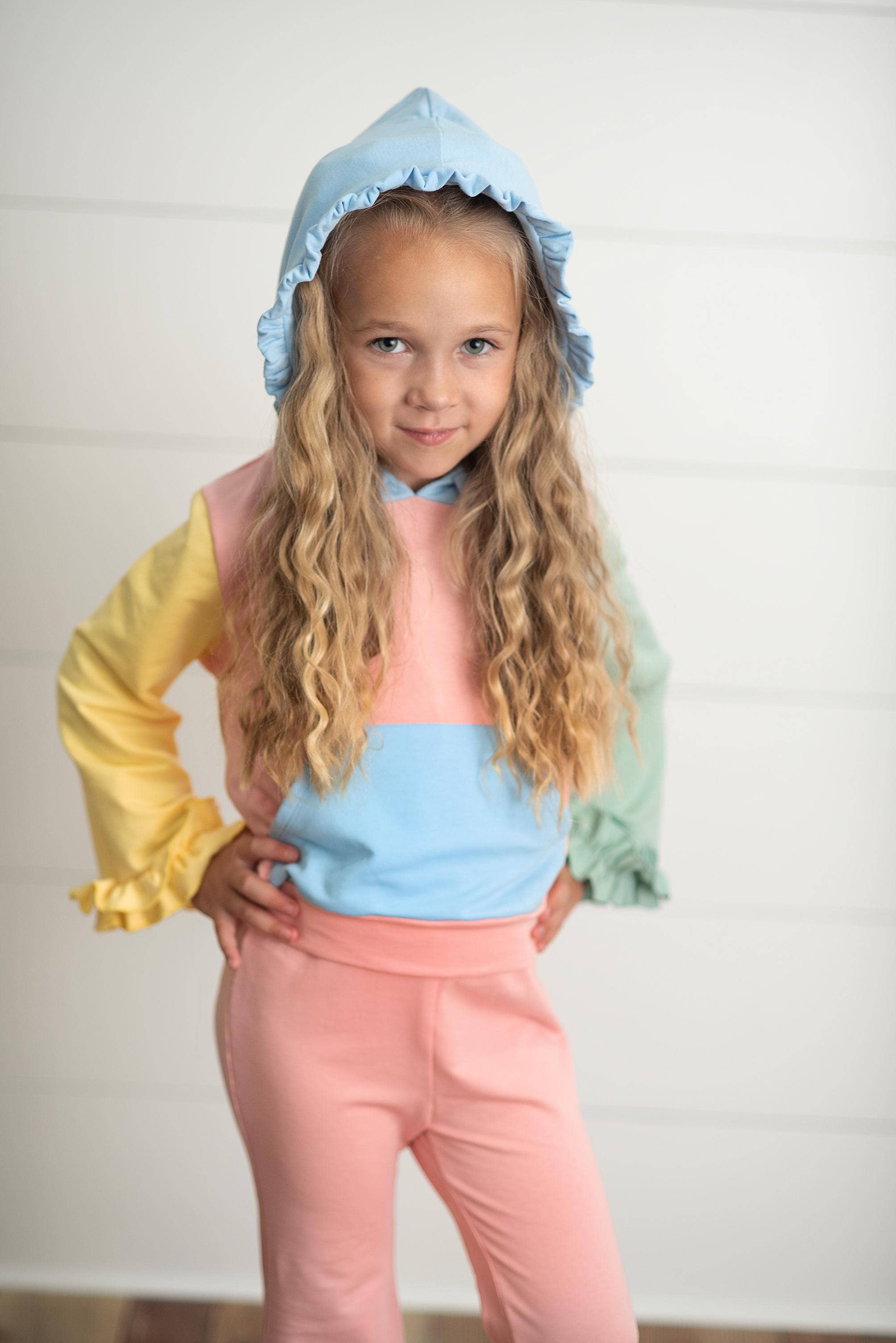 Oopsie Daisy - Wholesale Top & Pant Set - Kids - Kids Pastel Color Block Hooded Ruffle Pocket Fall Lounge Set0