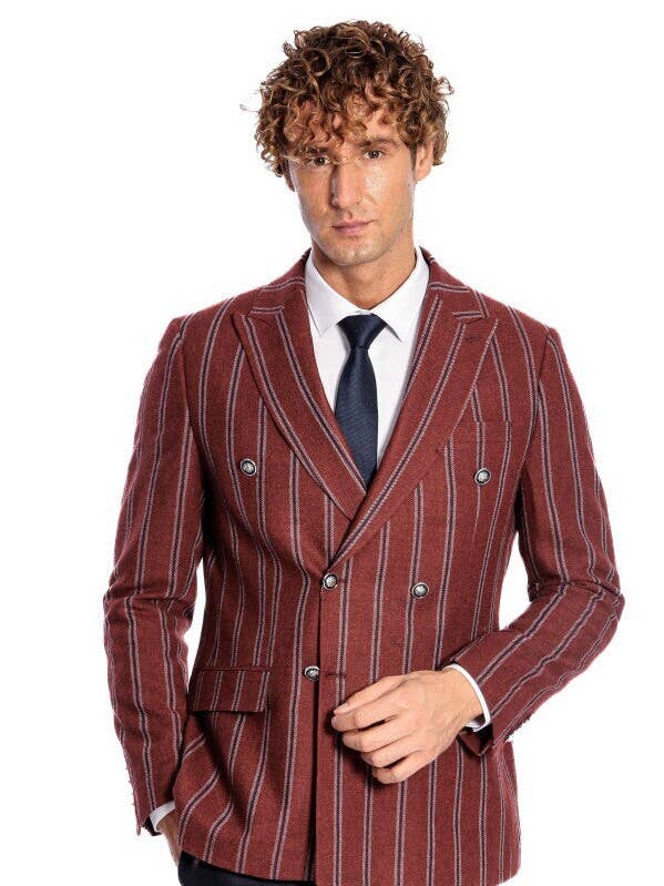 Wide Lapel Striped Double Breasted Burgundy Men Blazer - Wessi for wholesale by Wessi