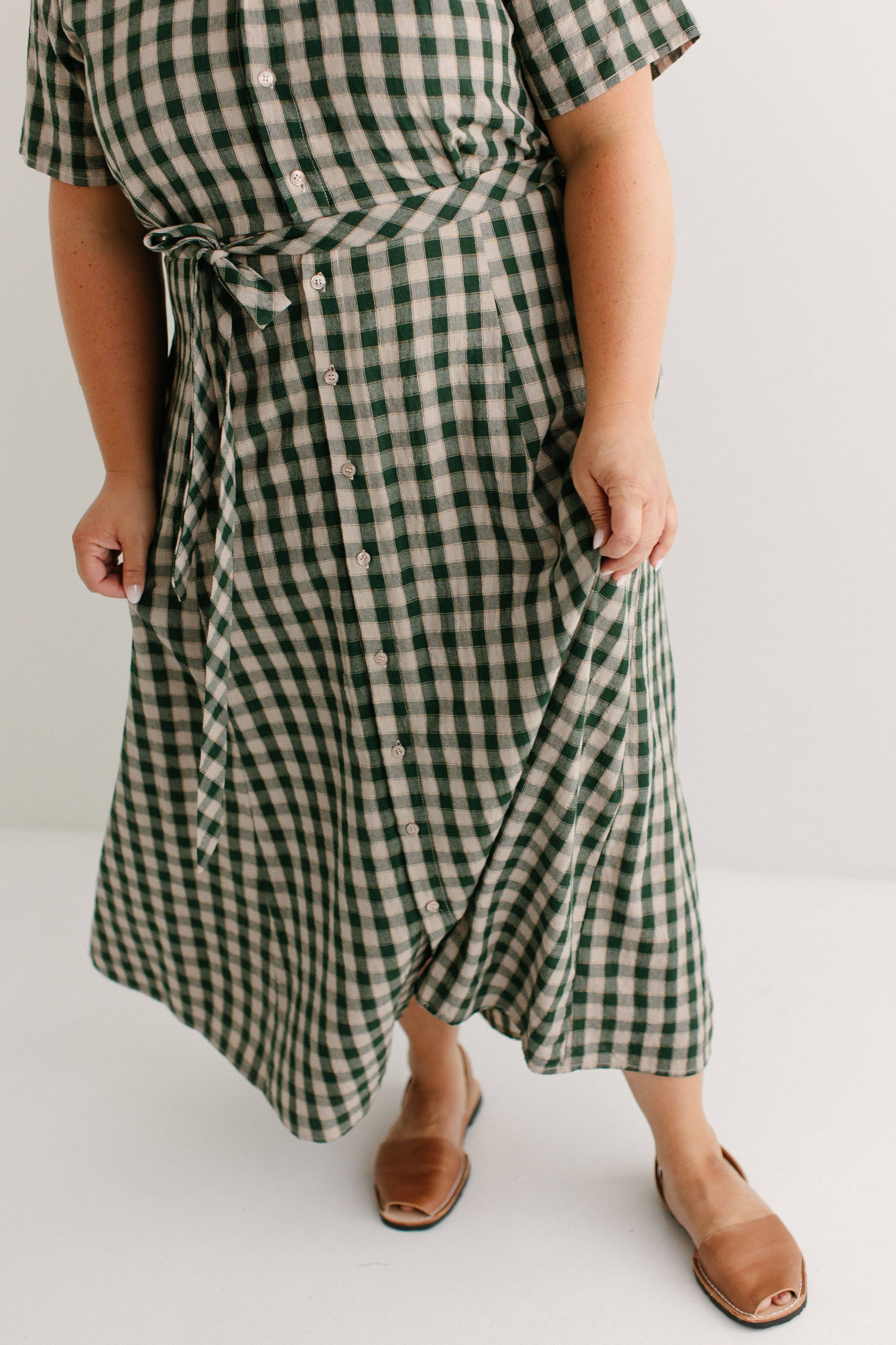 Light Tan 'Mae' Green Gingham A-Line Cotton Shirtdress FINAL SALE for wholesale on Faire11