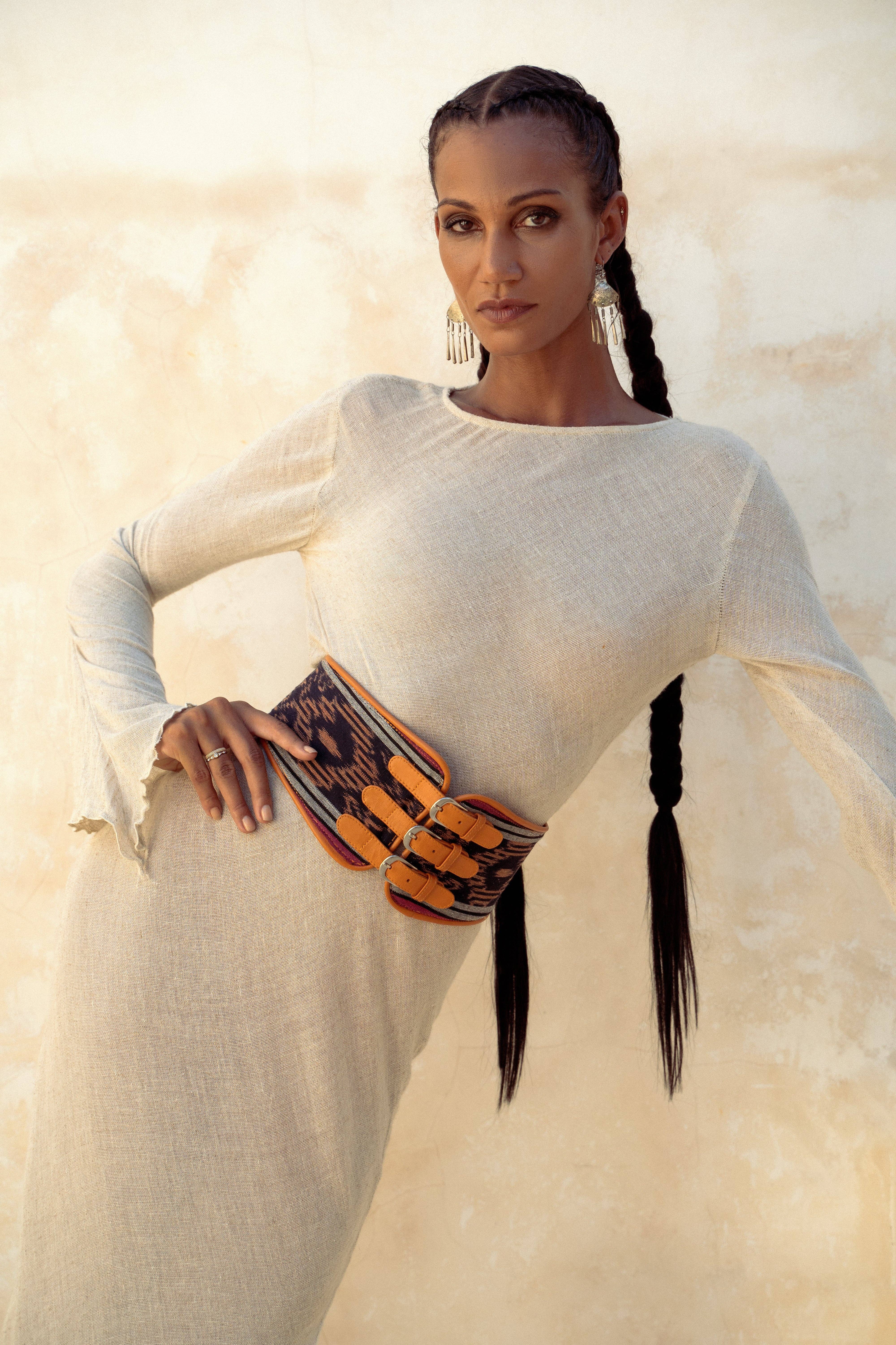 Zanzibar Buckle Belt Black Rainbow/Tan for wholesale on Faire