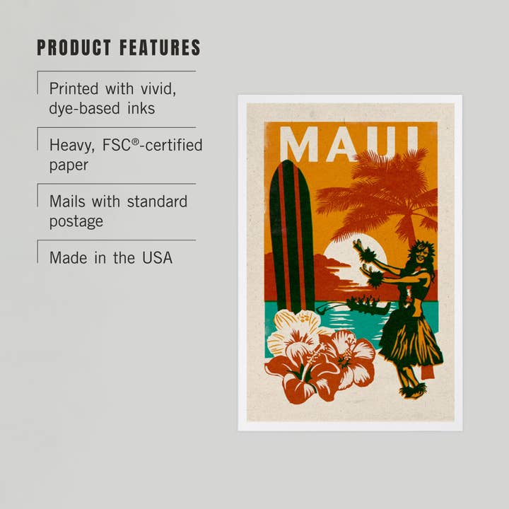 Lantern Press - Wholesale Postcard - PREMIUM POSTCARDS Maui, Hawai'i, Woodblock2