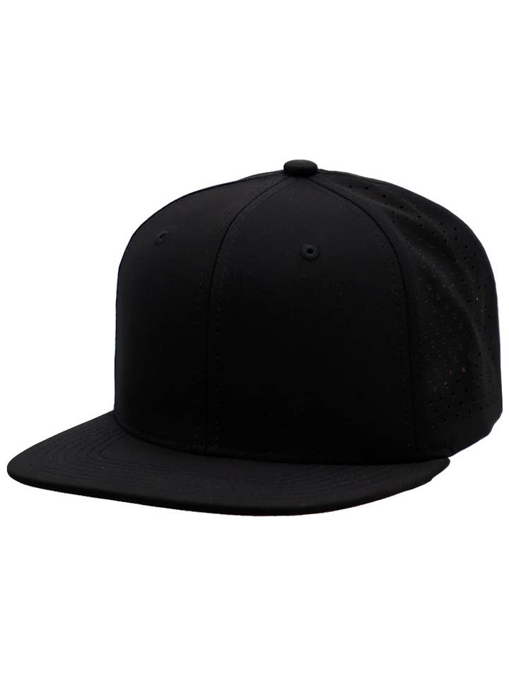 Six Panel Flat Bill Perforated Snapback for wholesale by Cap Zone
