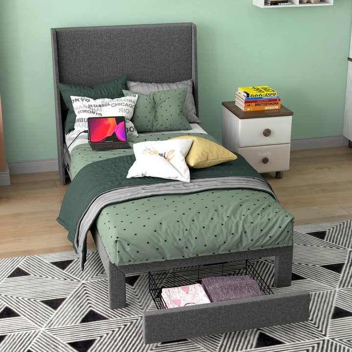 Twin Size Upholstered Bed Frame with Storage Drawer and USB for wholesale by HOMYCASA DESIGN INC