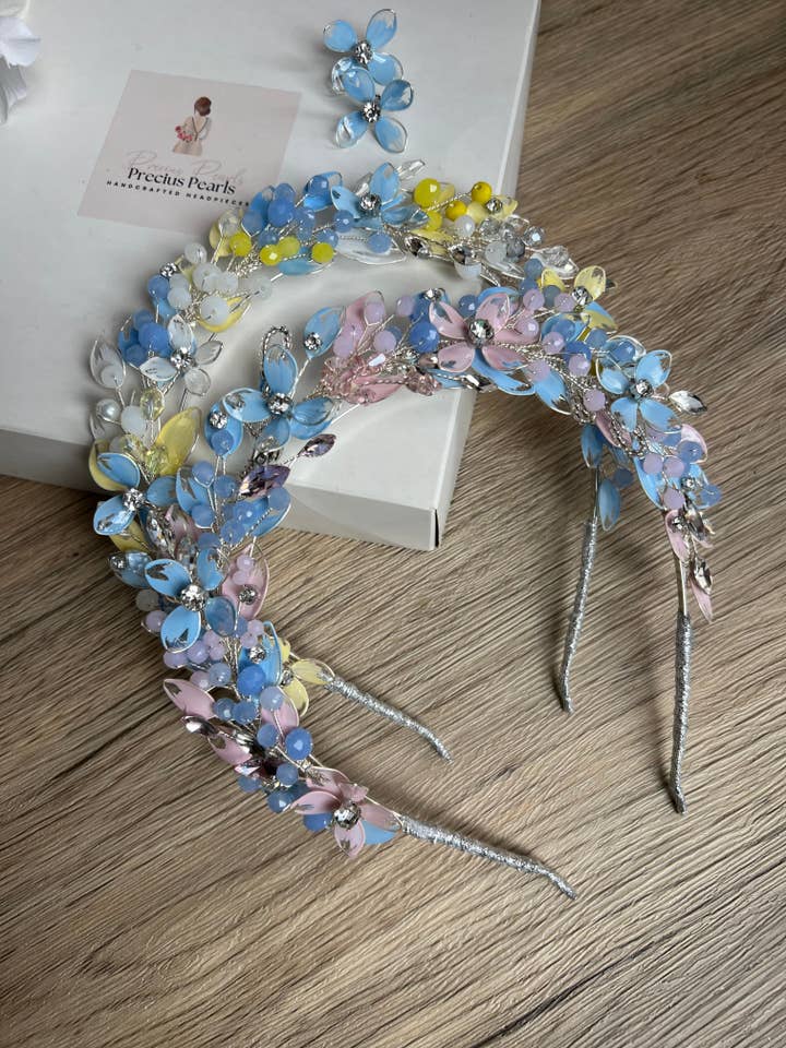 Light Blue flower and leaf detail wedding guest crown for wholesale by Preciuspearls