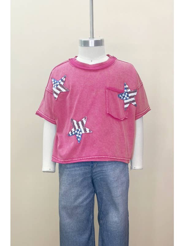 Oddi - Venta al por mayor Camiseta - Niños - Top infantil con estampado de lentejuelas con forma de estrella y bandera