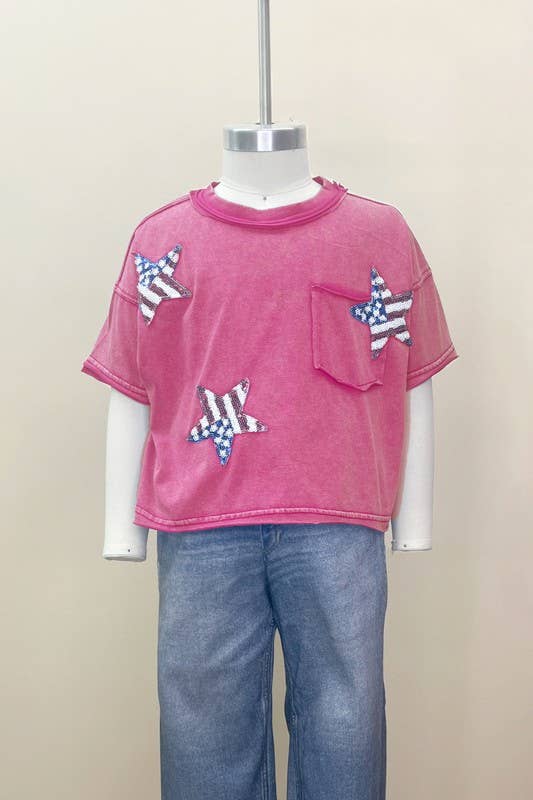 Oddi – wholesale T-shirt - Barn – Kids Flag Star Sequin Patch Top