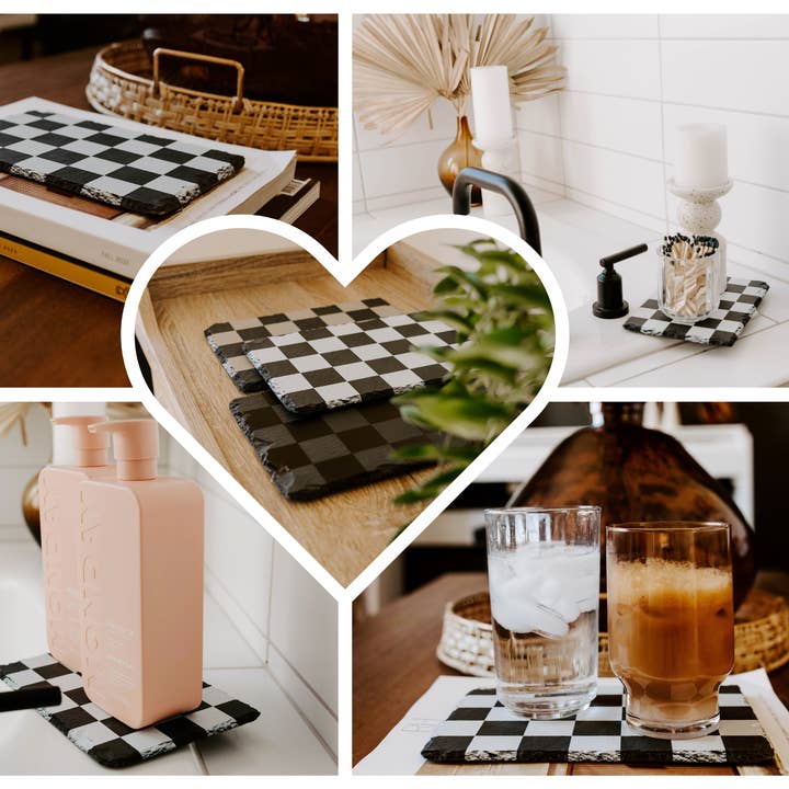 Damron Decor - Wholesale Coasters - White Checker Slate Coaster Couples Coaster Checkered Print8