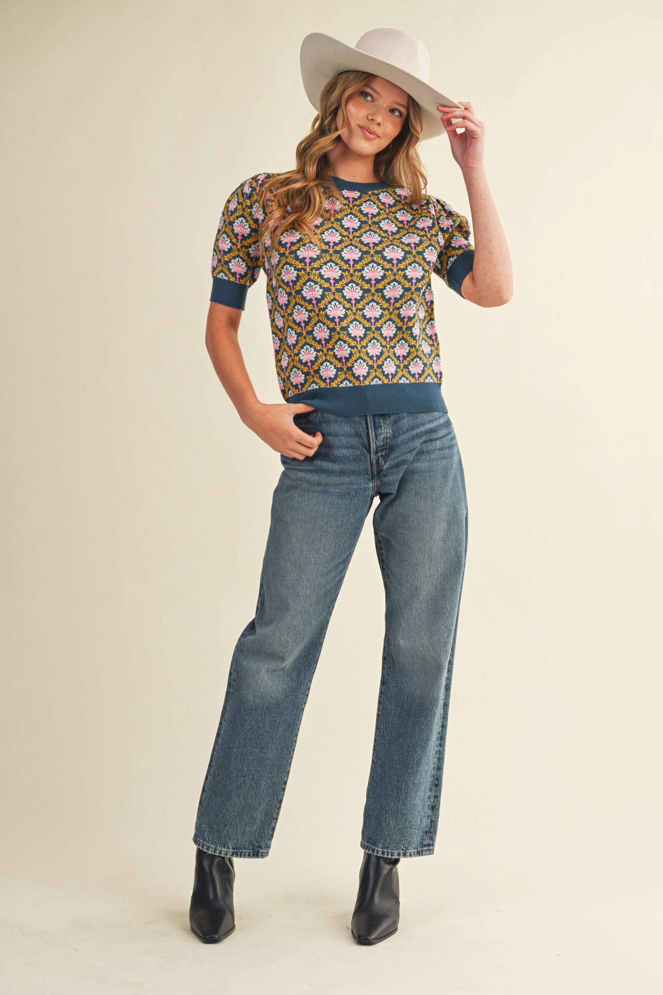 &MERCI - Wholesale Knit Sweater - Women's - FLORAL PATTERN SHORT SLEEVE SWEATER MSW1086016