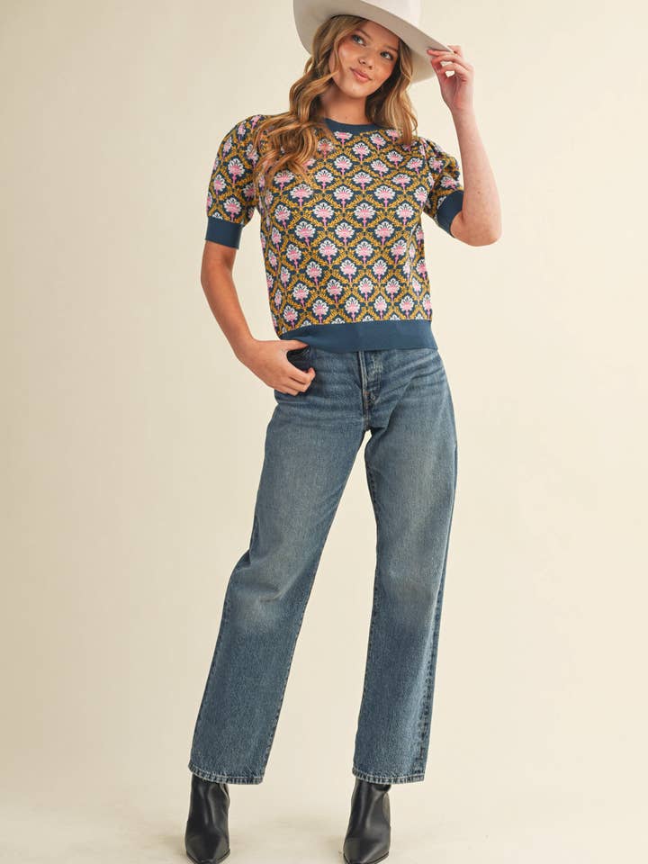 &MERCI - Wholesale Knit Sweater - Women's - FLORAL PATTERN SHORT SLEEVE SWEATER MSW1086016