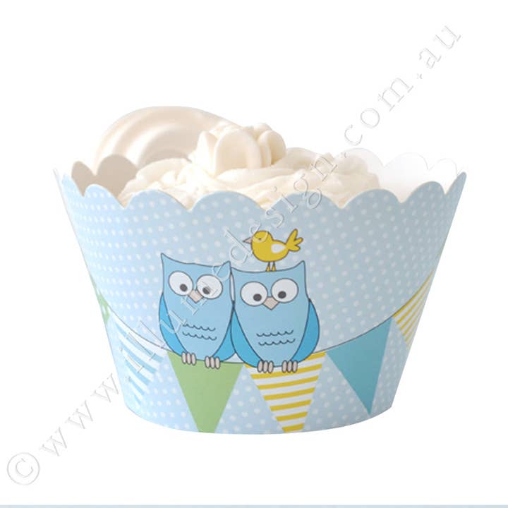 Emballage à cupcakes bleu hibou, lot de 12 pour la vente par Illume Partyware