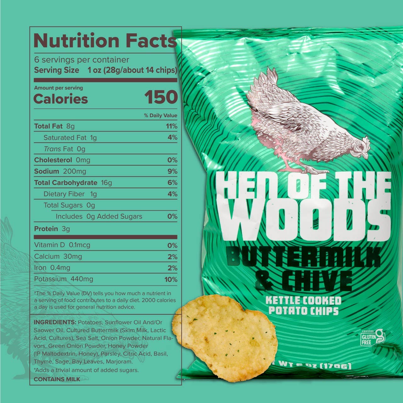 Hen of the Woods - Wholesale Chips - Buttermilk & Chive Kettle Cooked Potato Chips 6 OZ3